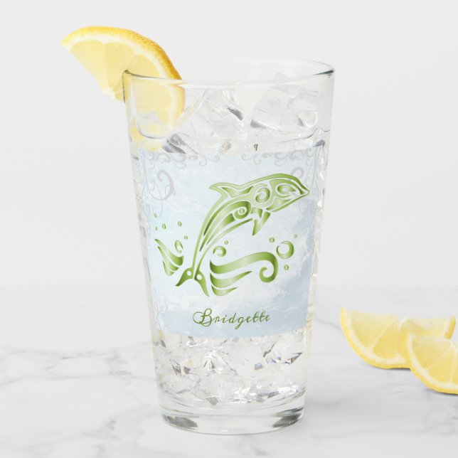 Green Dolphin Personalized Glass Cup (Front Ice)