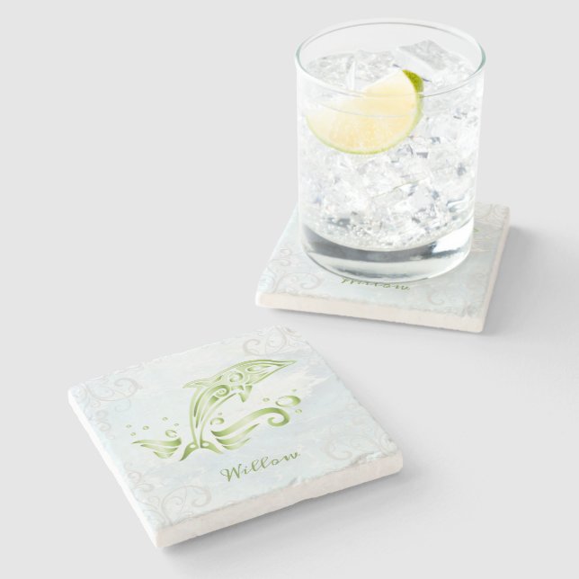 Green Dolphin Personalized Stone Coaster (Side)