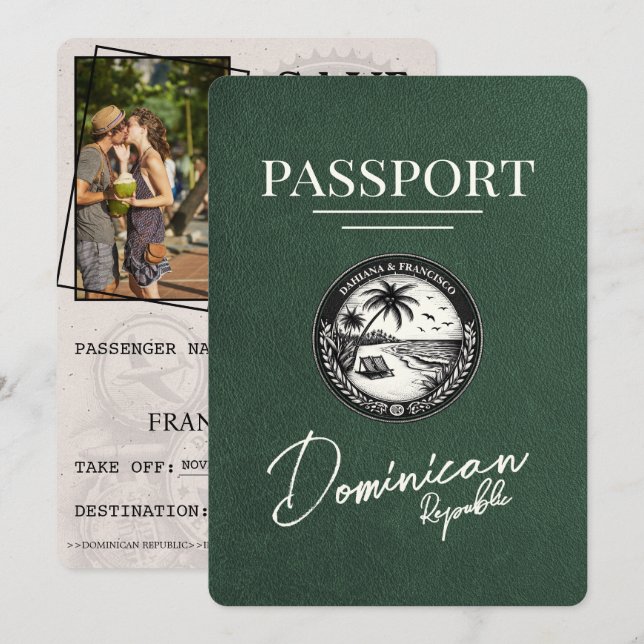 Green Dominican Republic Passport Save The Date (Front/Back)
