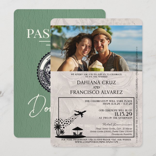 Green Dominican Republic Passport Wedding Invitation (Front/Back)