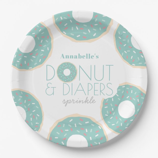 Green Donut & Diapers Baby Shower Sprinkle Paper Plates (Front)