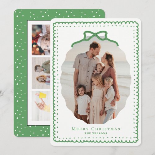 Green Doodle Frames & Bow 4 Photo Christmas Holiday Card