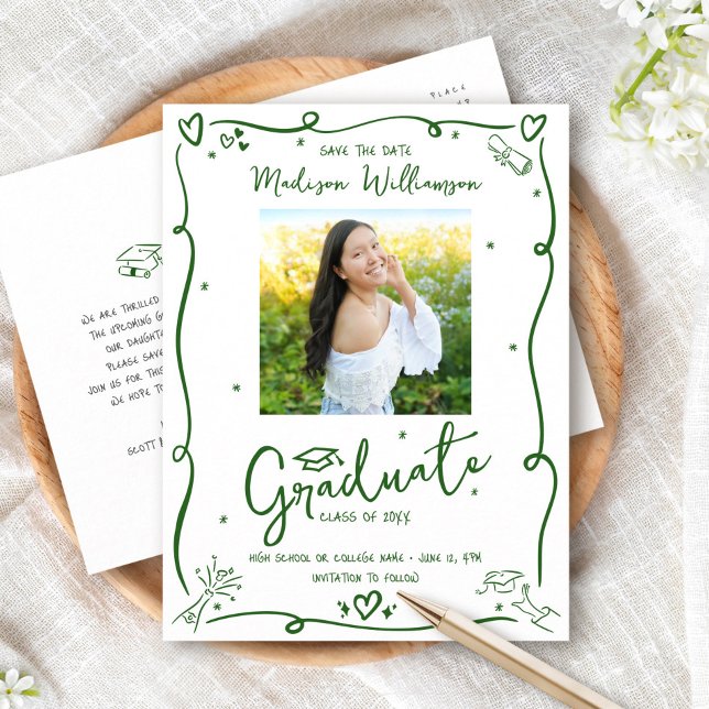 Green Doodles Graduation Save the Date Photo White Invitation Postcard (Creator Uploaded)