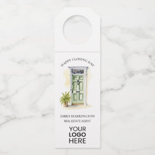 Green Door Watercolor Closing Real Estate Agent Bottle Hanger Tag