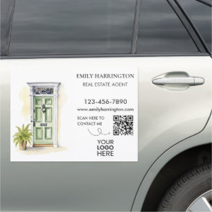 Green Door Watercolor QR Code Real Estate Agent Car Magnet