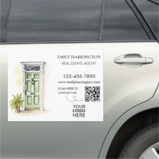 Green Door Watercolor QR Code Real Estate Agent Car Magnet