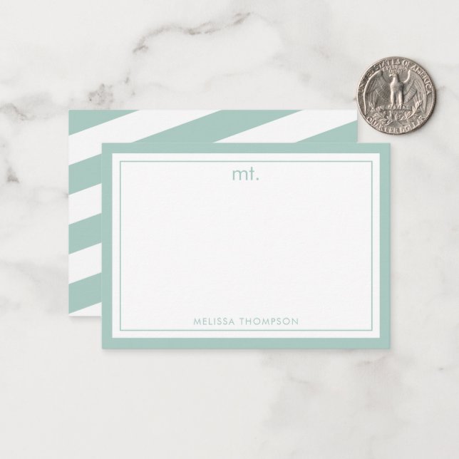 Green Double Border Modern Monogram Striped Note Card (Front/Back In Situ)