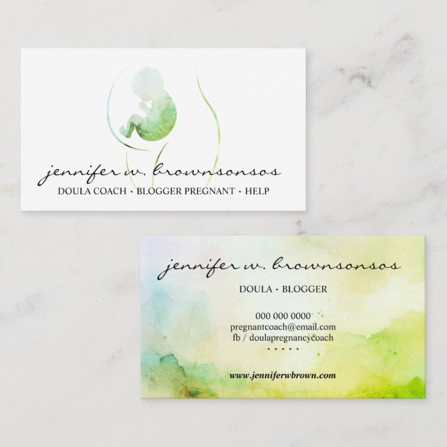 Green Doula Watercolor Pregnant Baby Newborn Business Card (Front/Back)
