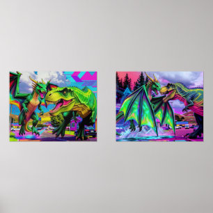 Green Dragon and Dinosaur Artwork Wall Art Sets