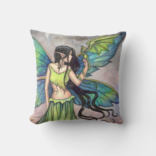 Green Dragon and Fairy Fantasy Art Throw Pillow