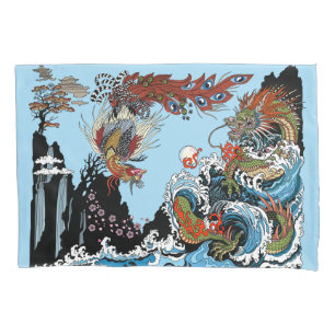 Green dragon and Feng Huang. Illustration Pillow Case