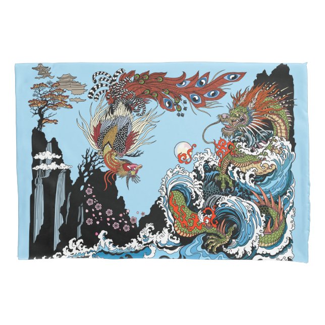 Green dragon and Feng Huang. Illustration Pillow Case (Front)