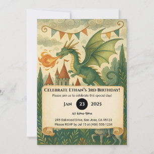 Green Dragon and Knight in Enchanted Birthday Invitation