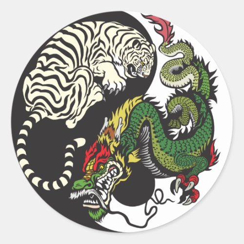 green dragon and white tiger yin yang symbol classic round sticker