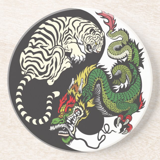 green dragon and white tiger yin yang symbol drink coaster (Front)