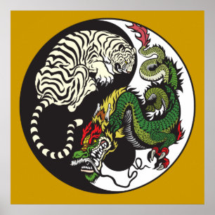 green dragon and white tiger yin yang symbol poster
