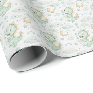 Green Dragon Baby Pastel Watercolor Pattern Wrapping Paper