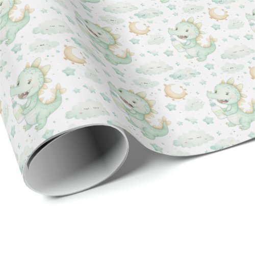 Green Dragon Baby Pastel Watercolor Pattern  Wrapping Paper