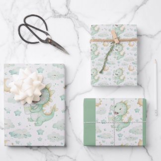 Green Dragon Baby Pastel Watercolor Pattern Wrapping Paper Sheets