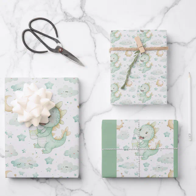 Green Dragon Baby Pastel Watercolor Pattern  Wrapping Paper Sheets