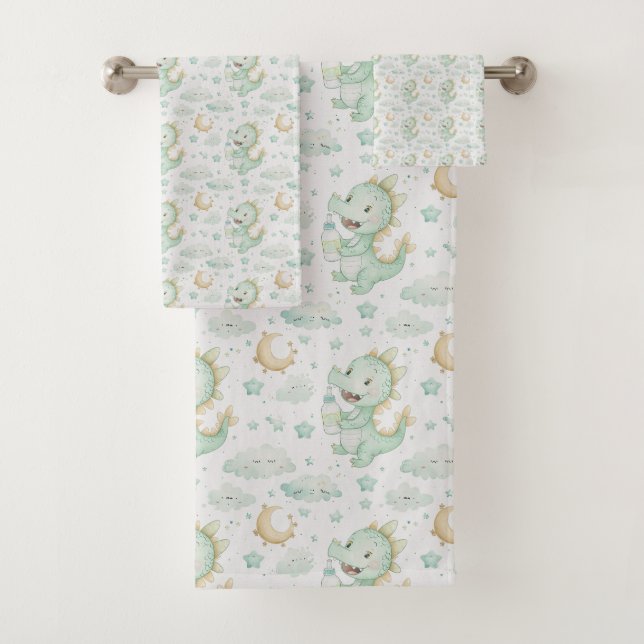 Green Dragon Baby Watercolor Personalized Name  Bath Towel Set (Insitu)