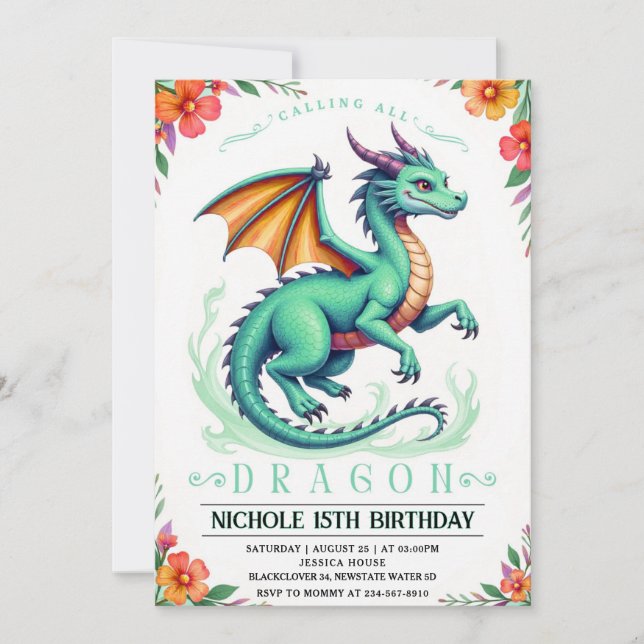 Green Dragon Birthday Party Invitation Template (Front)