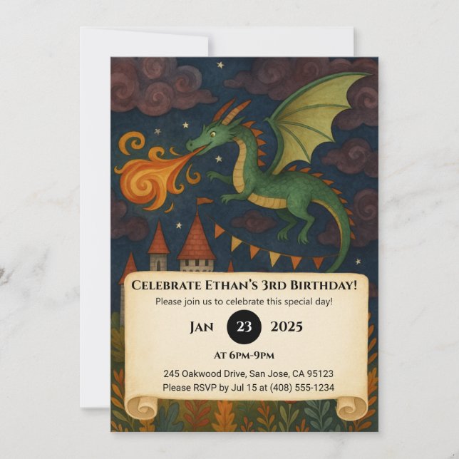 Green Dragon Breathing Fire Over Castle Birthday Invitation (Front)