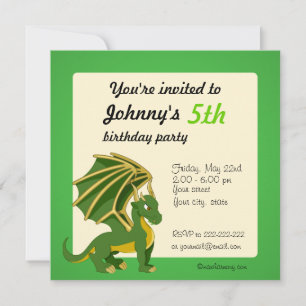 Green dragon cartoon birthday print invitations