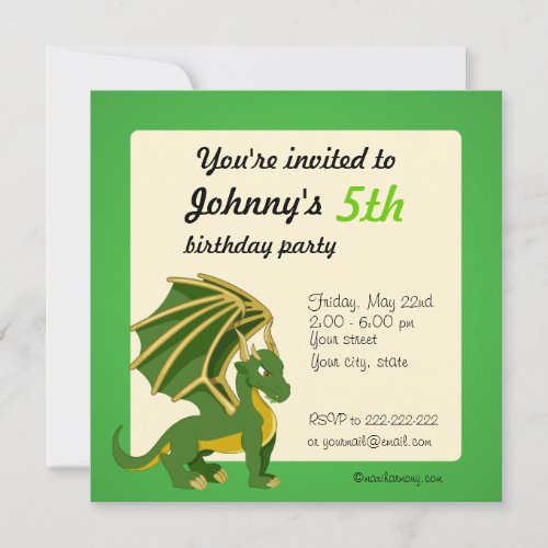 Green dragon cartoon birthday print invitations