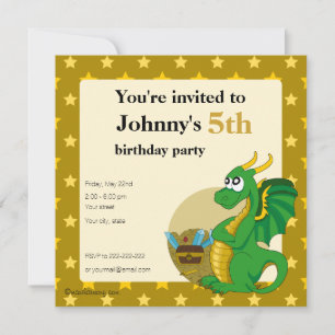 Green dragon cartoon birthday print invitations