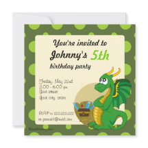 Green dragon cartoon birthday print invitations