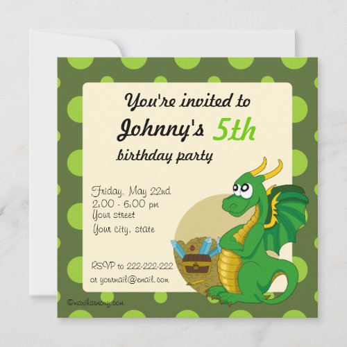 Green dragon cartoon birthday print invitations
