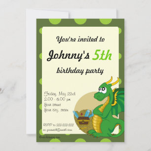 Green dragon cartoon birthday print invitations