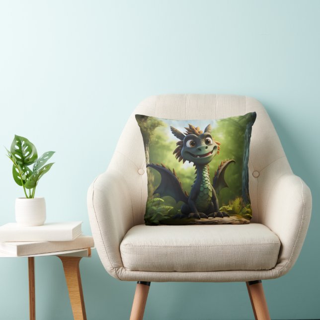 Green Dragon Cartoon Throw Pillow (Chair)