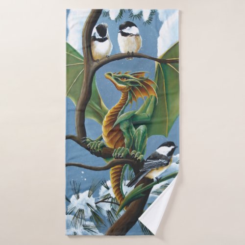 Green Dragon Chickadee Winter Bath Towel