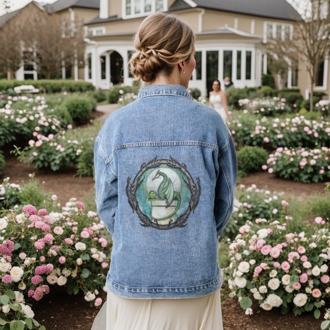 Green Dragon Fantasy Art by Molly Harrison Denim Jacket (Wedding Back)