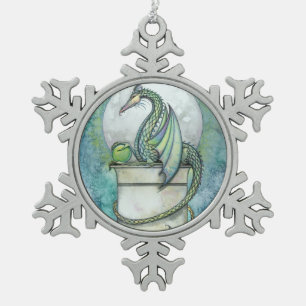 Green Dragon Fantasy Art Snowflake Pewter Christmas Ornament