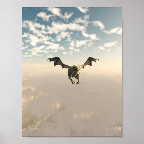 Green Dragon Flying over the Mountains Poster