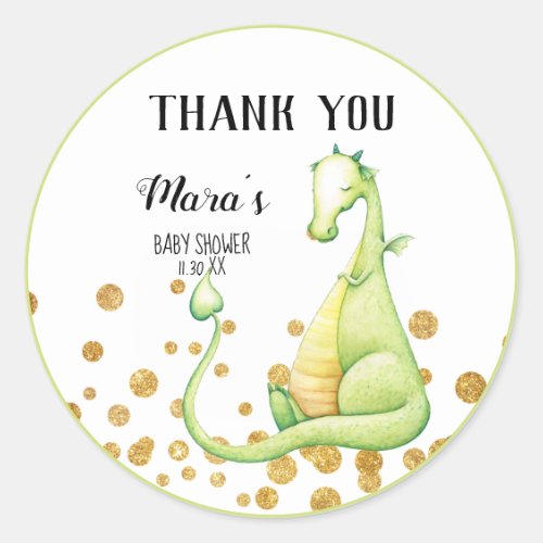 *~* Green Dragon Glitter Baby Shower Thank You Classic Round Sticker