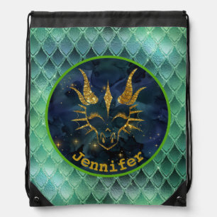 Green Dragon Head Colourful Scales Drawstring Bag