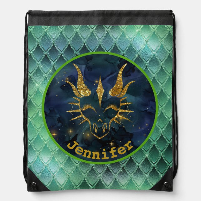 Green Dragon Head Colourful Scales Drawstring Bag (Front)