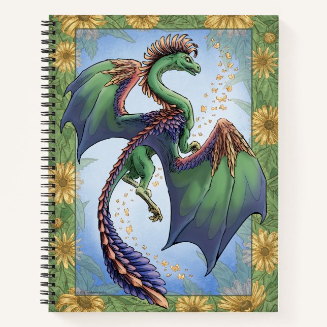Green "Dragon of Summer" Flowers Fantasy Art Notebook (Front)