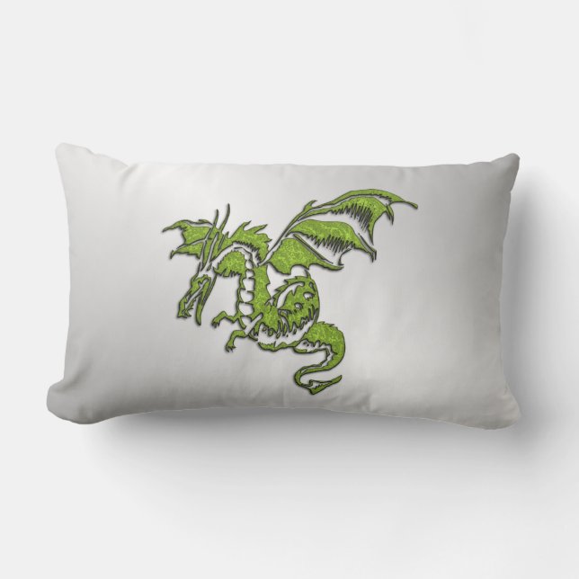 Green Dragon on Silver Lumbar Pillow (Front)