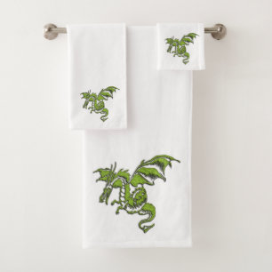 Green Dragon on White Bath Towel Set