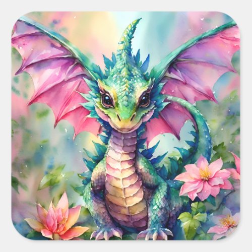 Green Dragon Pink Wings Floral Watercolor Square Sticker