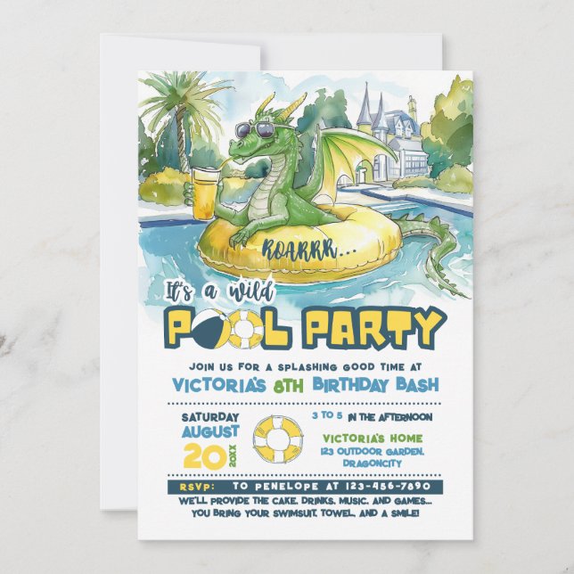 Green Dragon Pool Party Birthday Invitation (Front)