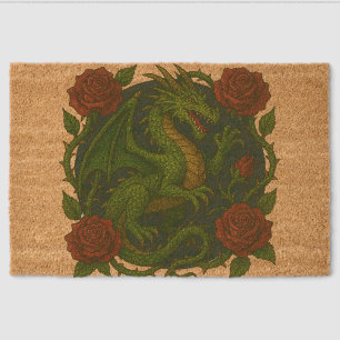 Green Dragon Red Roses Fiber Doormat