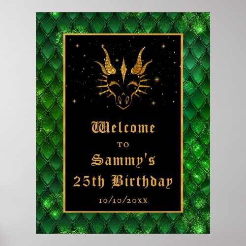 Green Dragon Scales Gold Birthday Party Welcome Poster