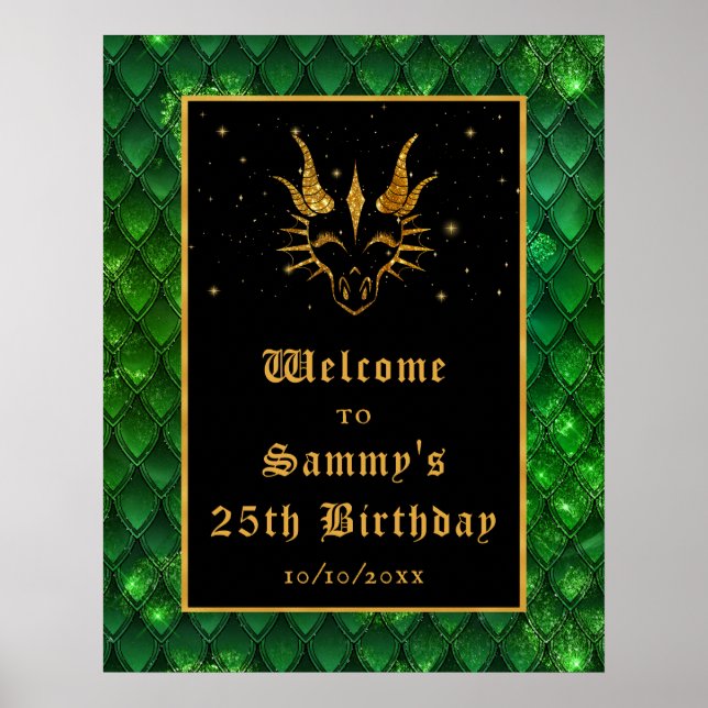 Green Dragon Scales Gold Birthday Party Welcome Poster (Front)