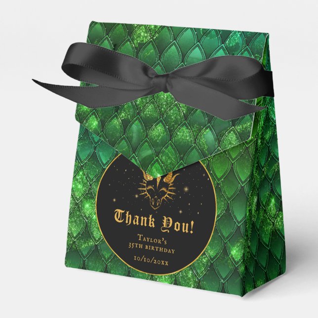Green Dragon Scales Gold Birthday Thank You Favor Boxes (Front Side)